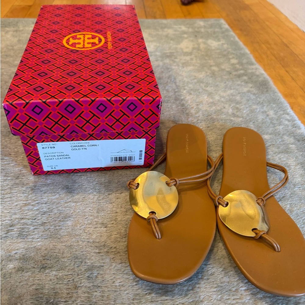 Tory Burch Brown and Gold Sandals with Signature Medallion